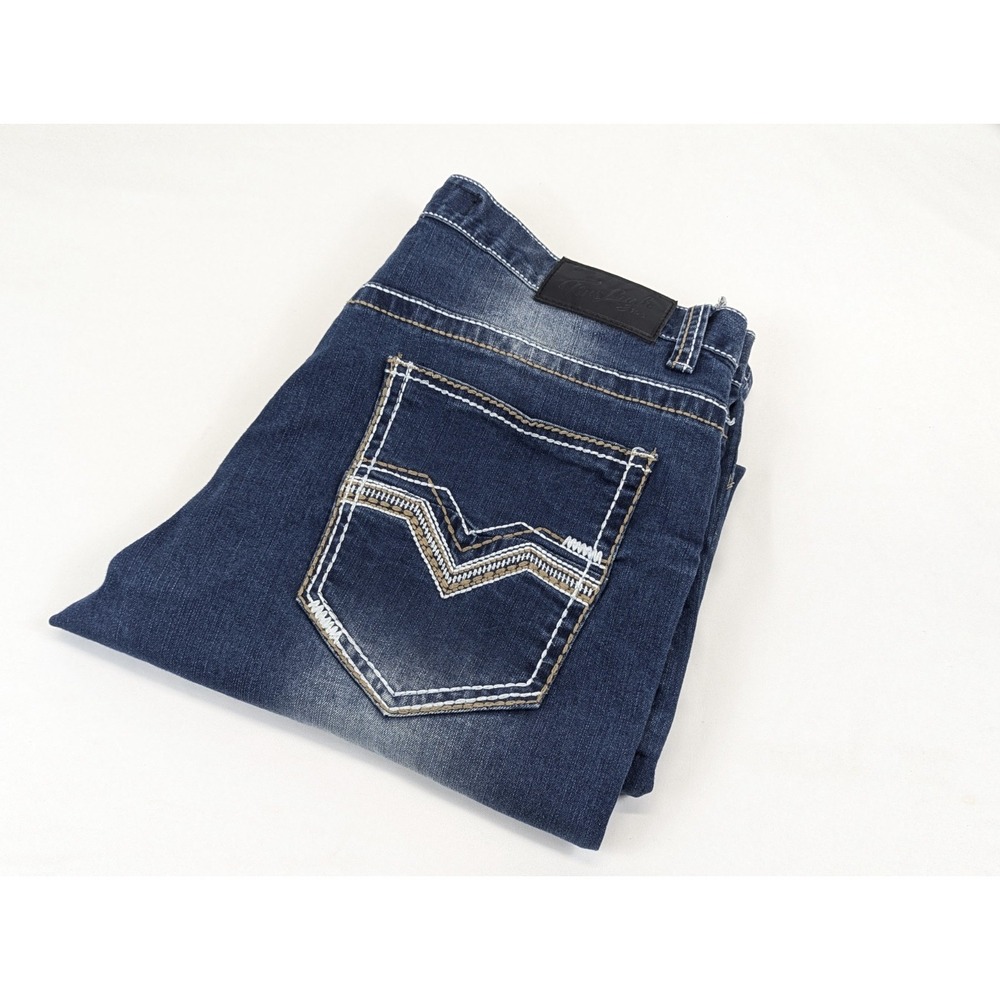 True Luck Jeans Mens 36x32 Blue Denim Dark‎ Wash Straight Stretch Embroidered